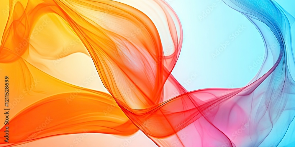 Poster colorful abstract background with flowing orange and pink smoke-like curves on a soft blue backdrop 