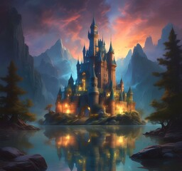 Illustration of glowing mystery tower castle in night.