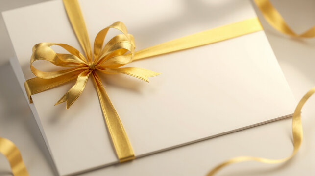 Closeup envelope tied with shiny gold ribbon warm light cozy festive atmosphere perfect for wedding invitation birthday celebration