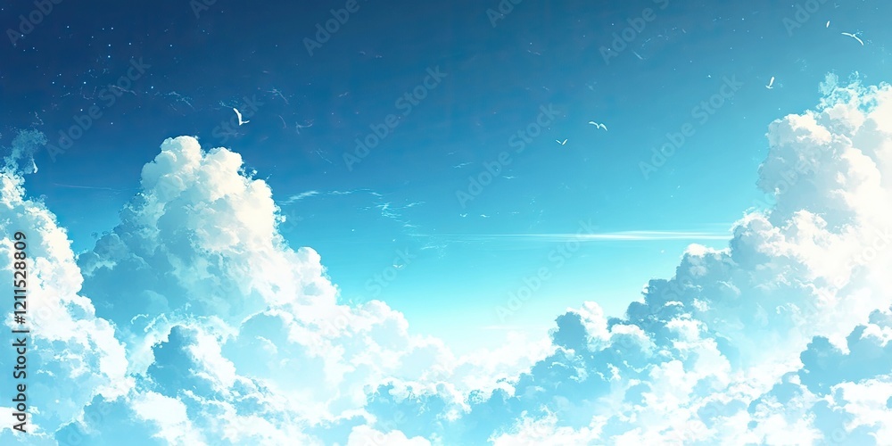 Poster serene blue sky with soft white clouds sprawling across the upper two-thirds, creating a calm and tr