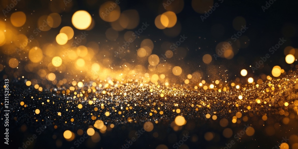 Poster glittering golden bokeh lights on a dark background create an abstract wave of shimmering textures w