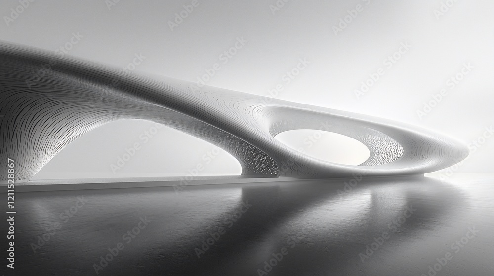 Poster abstract grayscale architectural form with smooth curves and voids, reflecting on a polished floor.