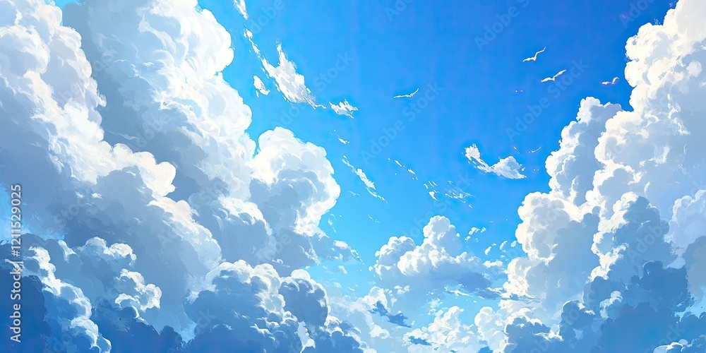 Aufkleber fluffy white clouds scattered across a vibrant blue sky with soft gradients creating a serene atmosp