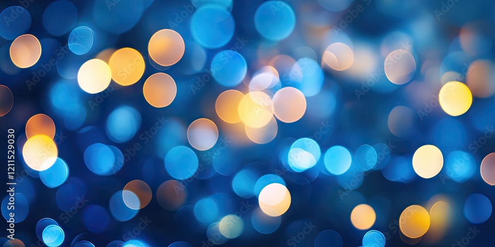 Poster abstract blue and orange bokeh lights in a blurred background with varying circle sizes creating a d