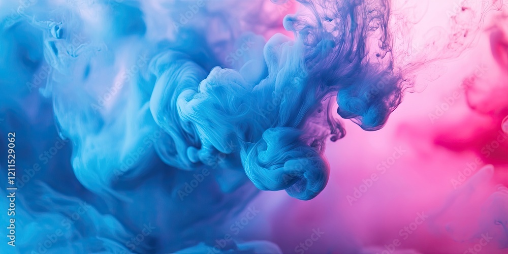 Poster swirling blue and pink ink in clear water with gentle cloud formations creating soft gradients and a
