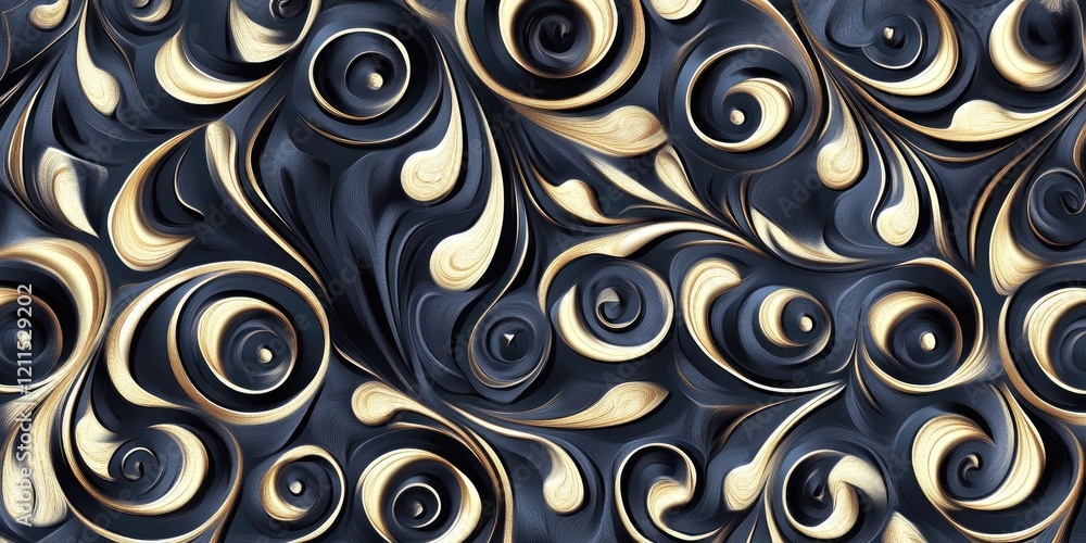 Poster Elegant swirling gold and cream patterns on a deep navy background creating a luxurious and intricate abstract decorative design.