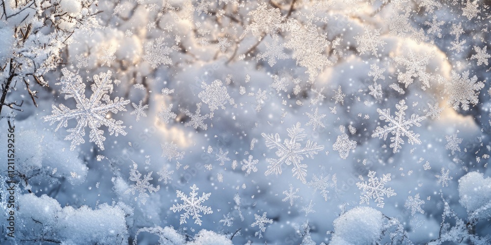 Poster winter scene showcasing an array of intricate snowflakes against a soft blue and white background wi