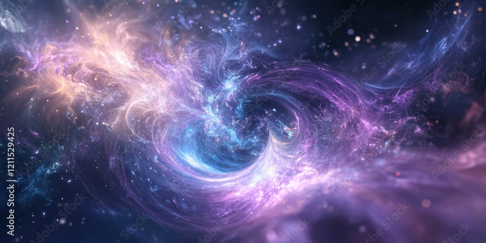 Poster swirling cosmic abstract background in deep purples and blues with glowing stars creating a mystical
