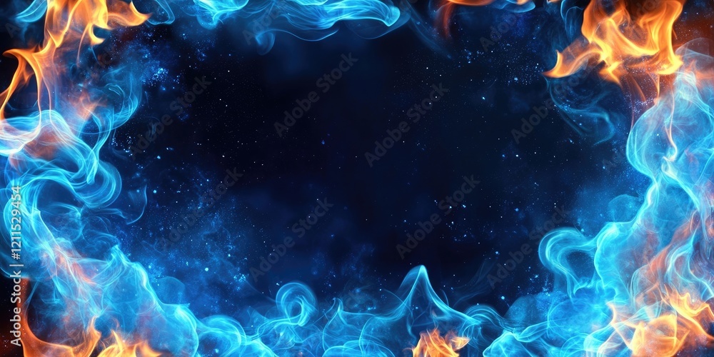 Poster brilliant blue flame swirling in the center with vibrant orange fire border on a dark background cre