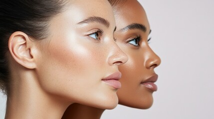 Naklejka premium Side profile of two women with radiant skin against a pink background.