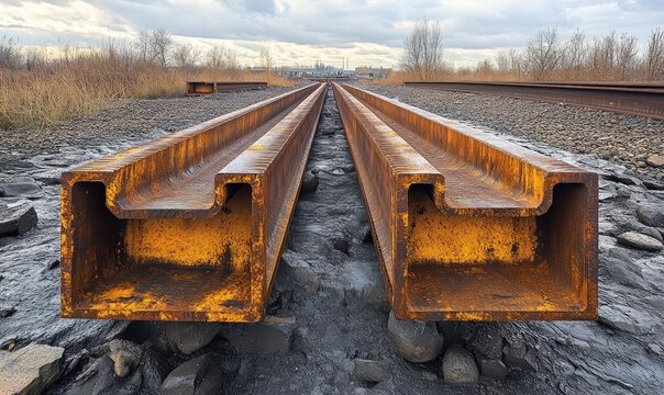 Rusty railway tracks, large metal beams.