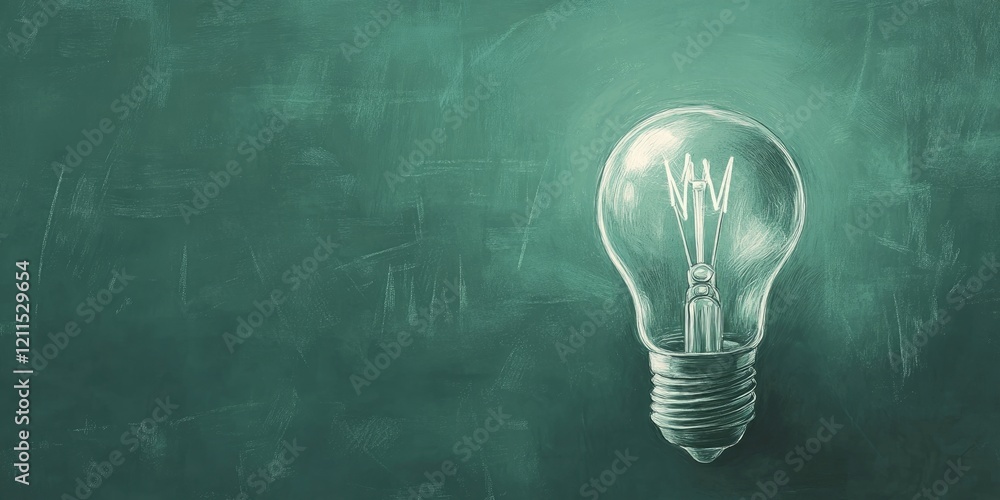 Poster light bulb drawing on green chalkboard background with soft texture showcasing white light filament 