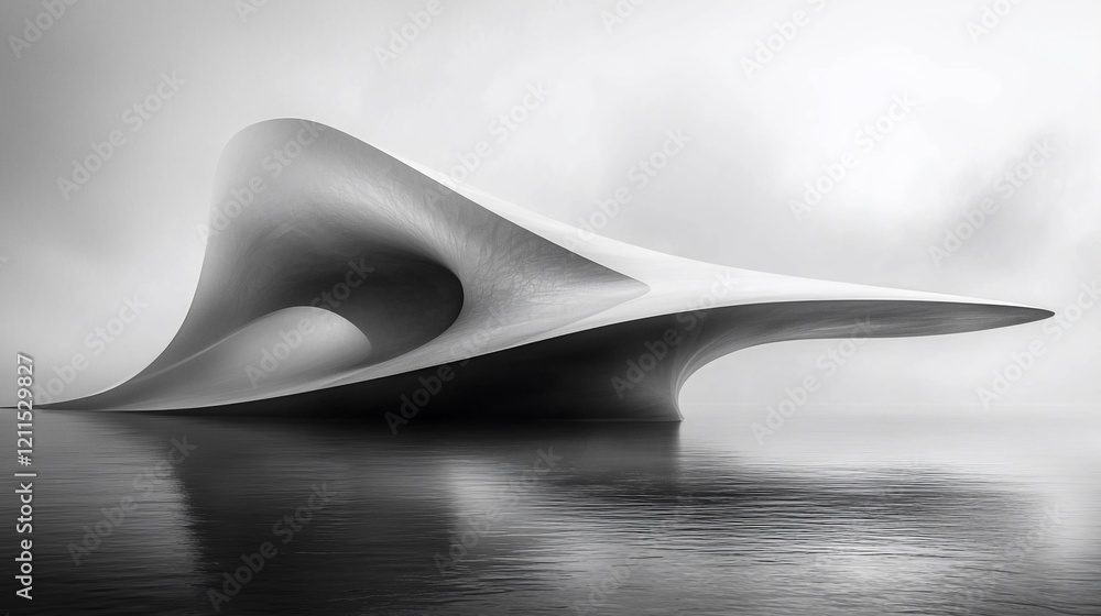 Poster Abstract grayscale rendering of a futuristic, organic architecture structure reflecting on calm water.