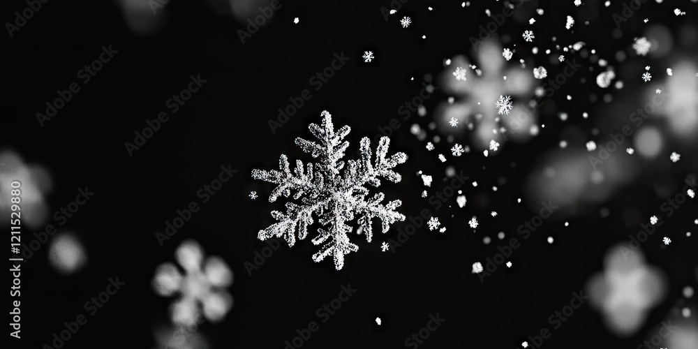 Poster isolated intricate snowflakes in white against a dark black background with soft out-of-focus elemen