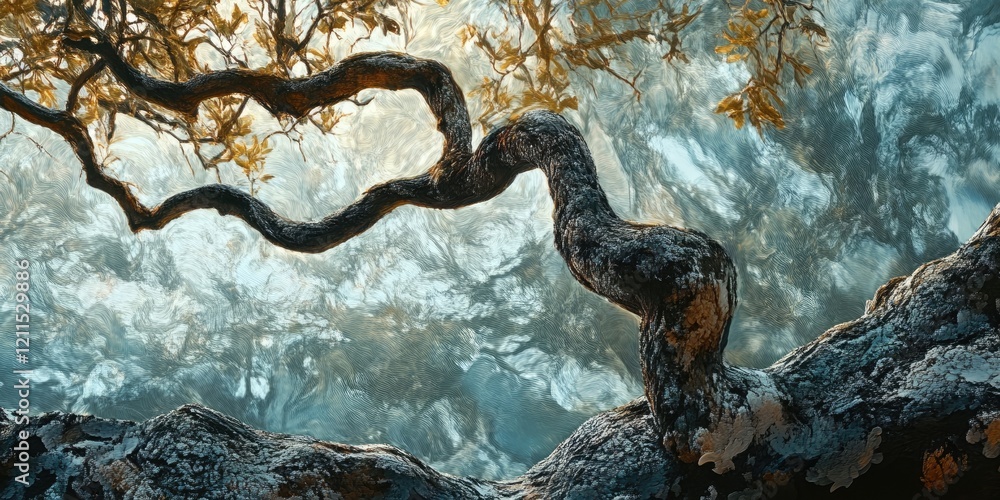 Poster twisted tree branch illuminated by soft light with cool blue background and warm golden leaves creat
