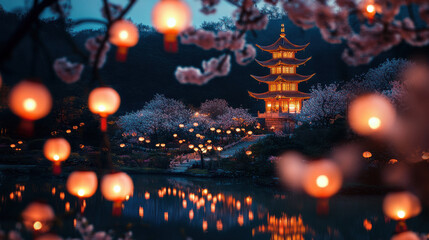 Fototapeta premium Moonlit garden with pagoda illuminated by lanterns and cherry blossoms