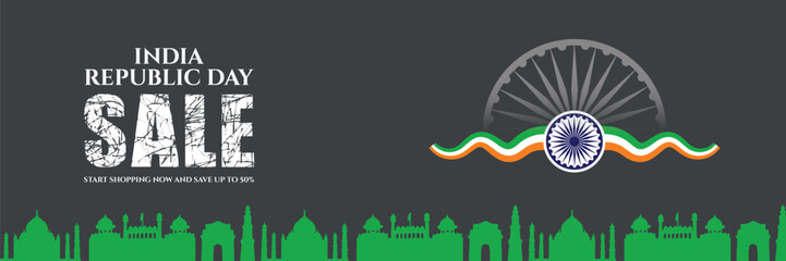 Black Background Vector illustration of Happy Republic Day Sale social media feed template	