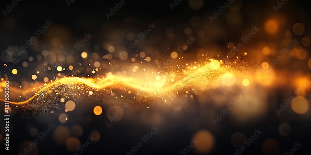 Poster blurred abstract background with golden and dark bokeh lights flowing in a wave pattern against a da