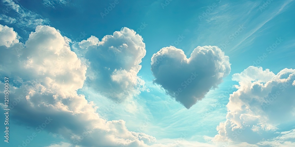 Poster heart-shaped clouds floating in a blue sky with soft white clouds surrounding them, creating a seren