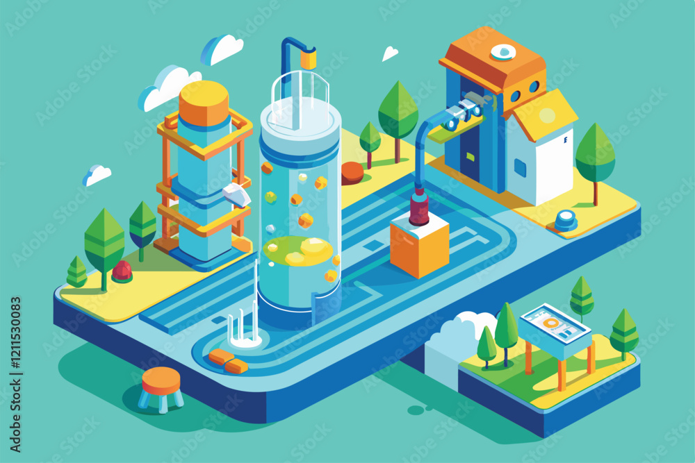 Poster an isometric view showcasing a customizable hydration system surrounded by trees and buildings hydra