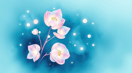 Obraz premium Delicate pink flowers emerge gracefully against a tranquil blue background, embodying the essence of spring with soft bubbles adding a touch of magic in the air