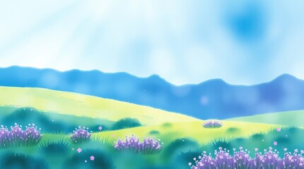 Fototapeta premium Lush green hills stretch across the horizon, adorned with blooming flowers in soft hues. Sunlight bathes the landscape, creating a tranquil spring atmosphere