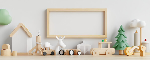Modern Scandinavian style kids room decor featuring wooden toys, tree, and blank frame. playful arrangement creates cheerful atmosphere for children