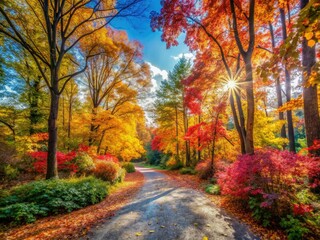 Panoramic autumn woods path: a scenic walking trail framed by vibrant bush walls. Nature's autumnal masterpiece.