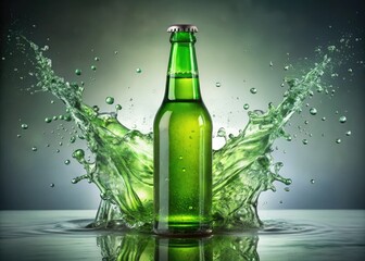 Panoramic product shot: a green glass beer bottle, dramatically splashed with water.