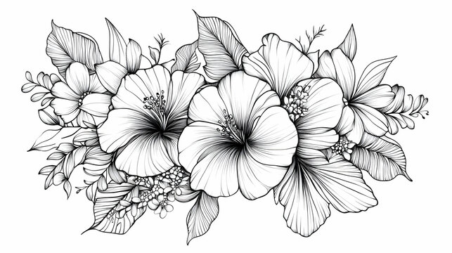 Elegant hibiscus floral arrangement, black and white line art, perfect for wedding invitations or home decor