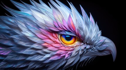 Obraz premium Close-up profile of a mythical eagle head with vibrant blue and pink feathers against a black background.