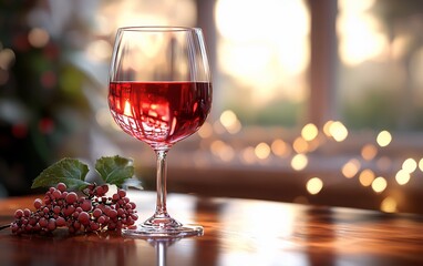 Red wine glass on wooden table with berries, bokeh background.