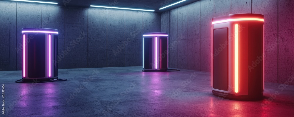 Poster ev car concept. futuristic scene with glowing cylindrical objects in a dark, textured environment.