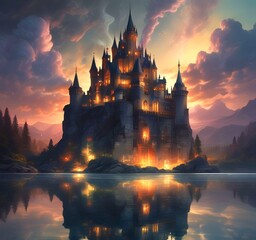 Fototapeta premium Illustration of glowing mystery tower castle in night.