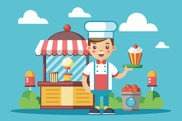 Naklejka premium A cheerful ice cream vendor holds a colorful dessert in front of a quaint stand Ice cream seller Customizable Semi Flat Illustration