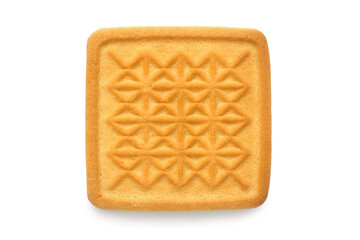 Square shortbread cookies with a pattern on a white background. One close-up cookie with a shadow.