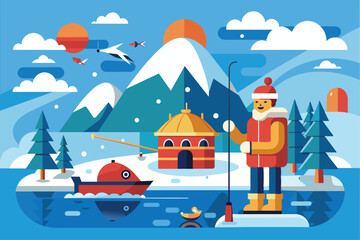 Naklejka premium A person stands on a frozen lake while ice fishing, surrounded by serene mountains and snow-laden trees Ice fishing Customizable Flat Illustration