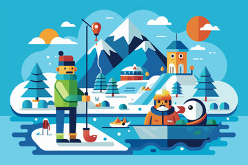Naklejka premium Two characters enjoy ice fishing while a boat floats nearby in a vibrant winter landscape Ice fishing Customizable Disproportionate Illustration