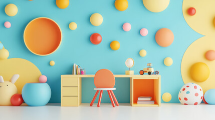 Bright and playful children room featuring vibrant polka dot wall decor, colorful furniture, and cheerful accessories, creating joyful atmosphere for creativity