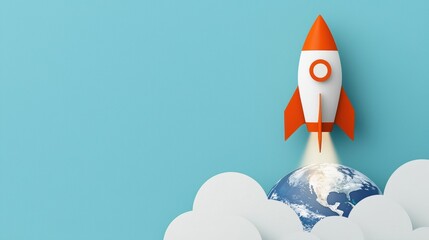 innovation Rocket Rocket soaring through the clouds, with the Earth visible below, representing progress, innovation, and overcoming challenges.