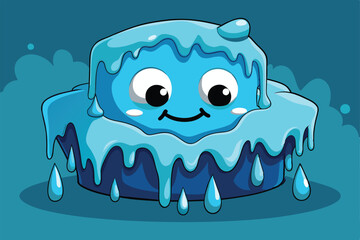 A cheerful cartoon character is melting slowly, surrounded by playful blue liquid drips in a whimsical setting Ice melting Customizable Cartoon Illustration