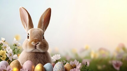 Obraz premium Pastel easter concept. Cute rabbit surrounded by colorful Easter eggs and vibrant flowers in a sunny setting.
