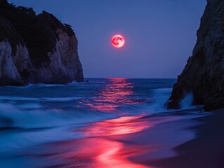 Dramatic coastal scene with waves crashing against rocky cliffs under a vibrant blood moon, its red...