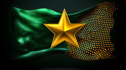 A star-shaped flag with gradient patterns in golden yellow, emerald green, and sky blue, symbolizing light and hope on a clear background 