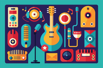 Obraz premium A collection of musical icons including instruments and audio devices is displayed on a bright background Icon set music