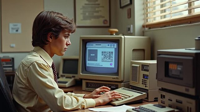 In the 1980s, a young professional works at a retro desk, deeply engaged with an early personal computer alongside rotary phone and floppy disks, highlighting technological evolution.