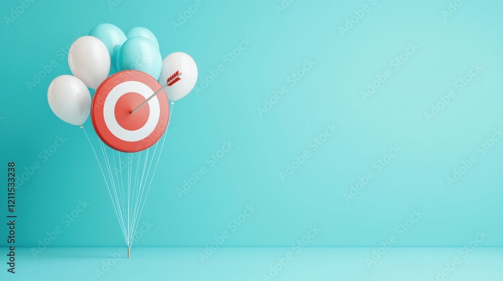 Poster marketing bullseye target with arrow a group of colorful balloons forming a bullseye target with an 
