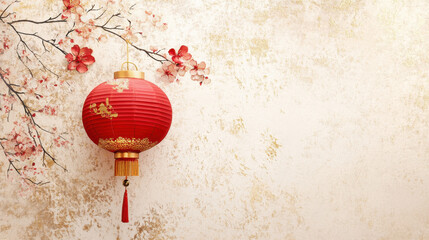 Elegant Chinese New Year greeting card with gold lantern and floral patterns