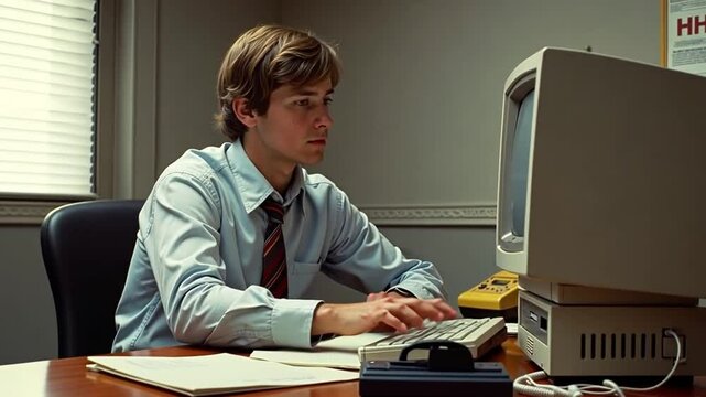 In the 1980s, a young professional works at a retro desk, deeply engaged with an early personal computer alongside rotary phone and floppy disks, highlighting technological evolution.