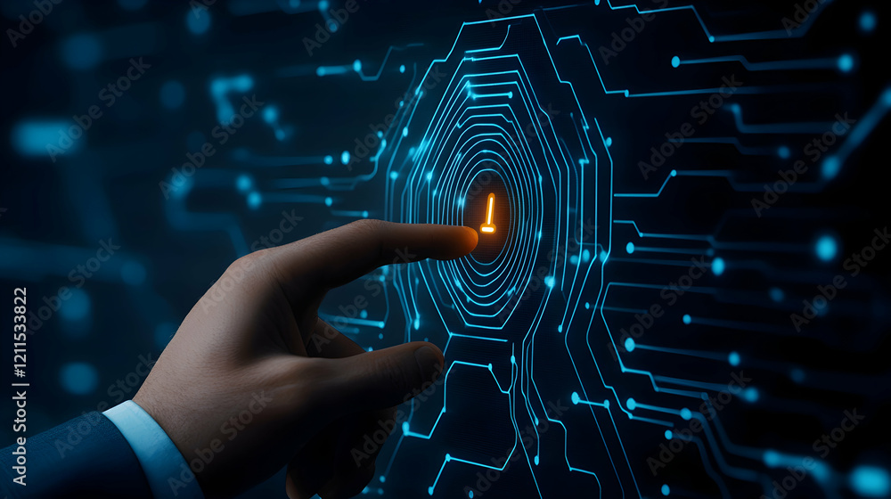 Aufkleber fingertip activates digital security system; glowing icon on dark circuit board background; cybersec